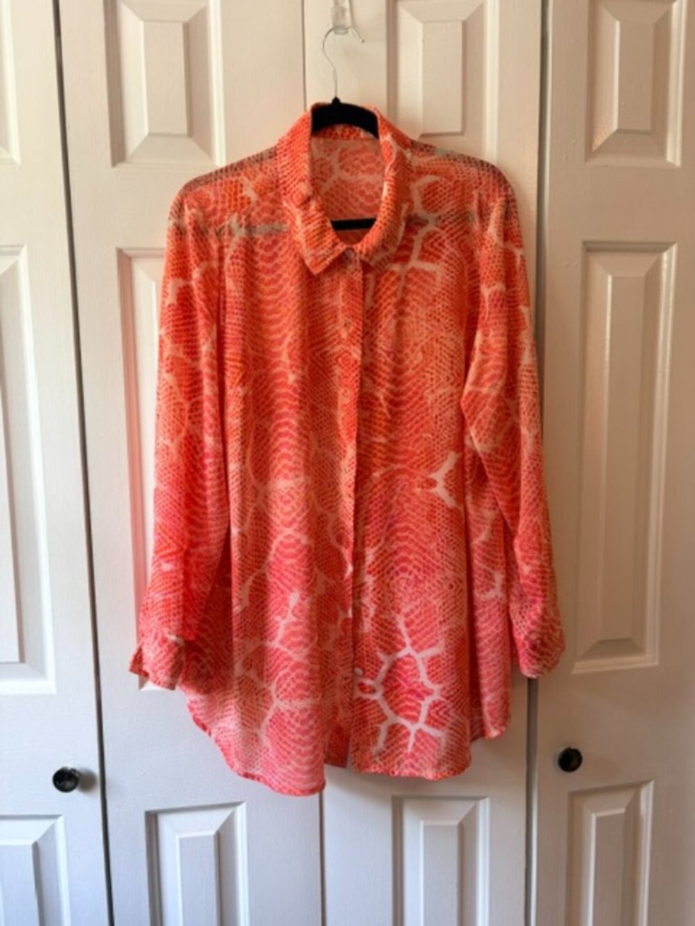 BRANDIS QVC Coral Pink Snake Print Button Down Tunic Blouse Long Sleeve